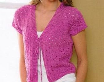 Patrón de tejido vintage en PDF para cárdigan bolero de verano para mujer, lana DK Worsted de 8 cabos, 32-44 pulgadas, chaleco corto, manga corta.