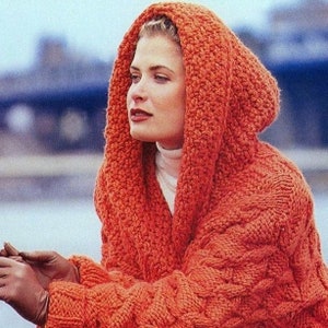 RETIREMENT SALE *** Vintage Knitting Pattern  Chunky Hooded Jacket Coat  Cable Moss Stitch