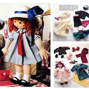 May include: A fabric doll with red yarn hair wearing a white straw hat with a blue ribbon, a gray sailor-style dress with a red tie, white socks, and black shoes, accompanied by a red purse and various sets of doll clothing and accessories.