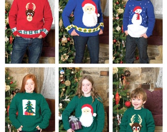 May include: Six people wearing festive Christmas sweaters with different designs, including a reindeer, Santa Claus, a snowman, and a Christmas tree. The sweaters are all in various shades of green, red, and blue.