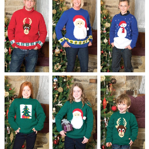 Vintage Knitting Pattern Family Christmas Sweaters Jumper Pullover Sweater Top Santa Snowman Tree Reindeer  Gift  Mens Womens Kids  DK