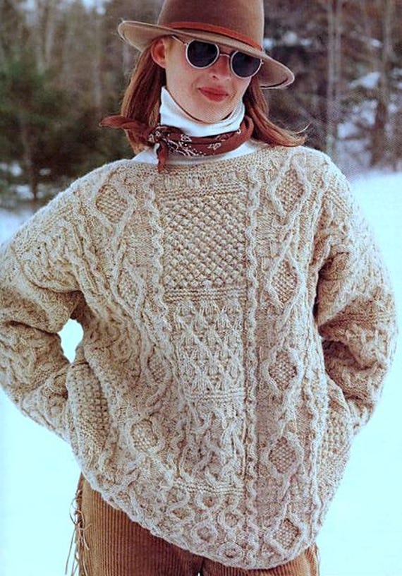 Vintage Knitting Pattern PDF Oversized Aran Patchwork Sweater
