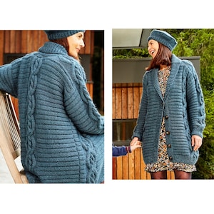 May include: A teal blue, chunky knit cardigan with a matching beanie. The long-sleeved cardigan features a cable knit design on the sleeves and back, with a button-up front. The woman is wearing a floral print dress underneath.