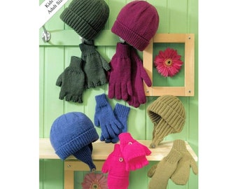 Patrón de tejido en PDF: gorro de punto acanalado, casco, mitones sin dedos, guantes, estilo vintage, lana DK Worsted, para hombre, mujer, niños y niñas.