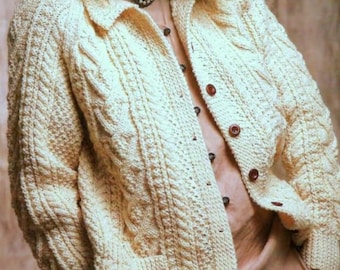 Vintage Knitting Pattern PDF  Ladies Classic Aran Jacket with Pockets Collar Cardigan 34-44ins Womans  Cable Raglan
