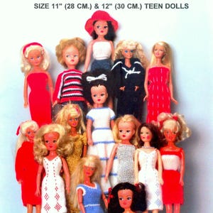 May include: A vintage booklet cover featuring Sindy & Barbie knitted outfits for 11-inch (28 cm) and 12-inch (30 cm) teen dolls. The image showcases several dolls in various knitted dresses and outfits, with the text "DOLLS DESIGNS BOOKLET NO. 3".