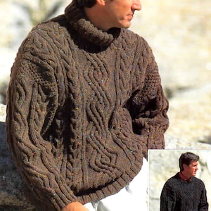 May include: A brown cable-knit sweater with a turtleneck collar. The sweater features a textured pattern with flecks of color throughout. The sleeves are long, and the overall design is a classic, warm style. The sweater is made of a thick, possibly wool, material.