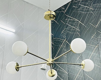 Mid Century Sputnik Chandelier: Brass & Milky Ball Ceiling Light