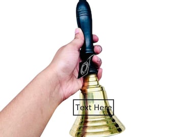 Campanello a mano in ottone massiccio inciso personalizzato: manico in legno scuro, grande campanella scolastica