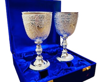 Personalization Brass Engraving Chrome Goblet Engraved Design Wine Cup With Velvet Box Brass King&#39;s Royal Chalice Embossed Cup Pack of 2