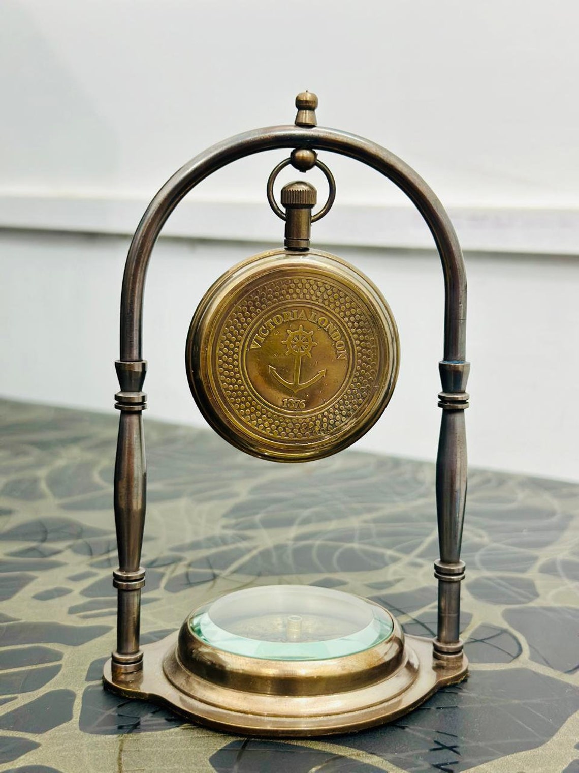 Vintage Brass Nautical Desk Clock With Working Compass - Antique Maritime Decor For Home Office