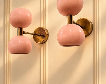 Mid Century Modern Pink Globe Wall Sconce Set of 2, Brass Wall Lamps, Italian Style Double Globe Lighting, Pink Bedroom Lights