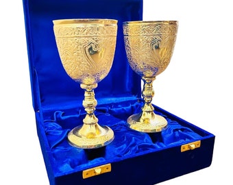 Personalization Brass Engraving Gold Goblet Engraved Design Wine Cup With Velvet Box SET OF 2  Brass King&#39;s Royal Kelch Embossed Cup