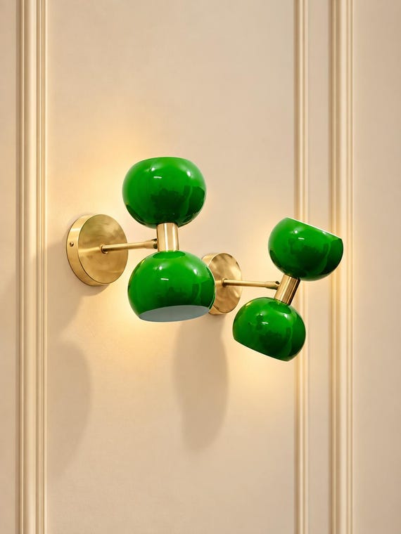 Mid Century Modern Double Wall Sconce, Green Brass Wall Lamp, Italian Style Globe Wall Light, Retro Bedroom Lighting
