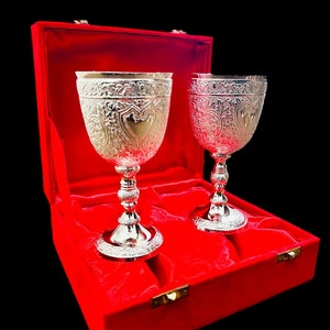 Pack of 2 Personalization Brass Engraving Goblet Engraved Design Wine Cup With Velvet Box Brass King's Royal Chalice Embossed Cup Best Gift