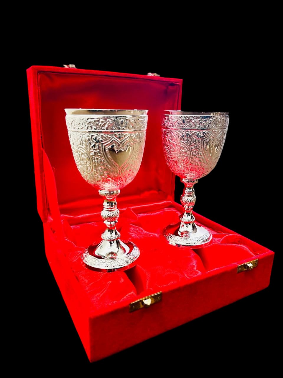 Pack of 2 Personalization Brass Engraving Goblet Engraved Design Wine Cup With Velvet Box Brass King's Royal Chalice Embossed Cup Best Gift