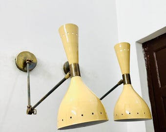Mid Century Italian Brass Wall Sconce Pair - Beige Diabolo Lamp Stilnovo Style Light Pair