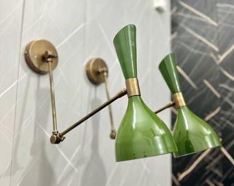 Mid-Century Modern Brass Double Wall Sconce - Olivine Green Lighting