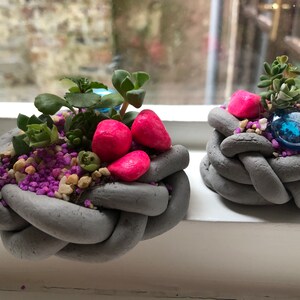 May include: Two small grey clay planters with braided edges, each containing a succulent plant, pink stones, and purple and beige gravel.
