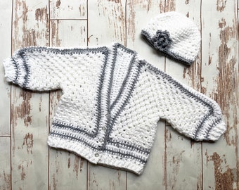 Baby Sweater - Crochet ( White with Gray Sparkle Trim)