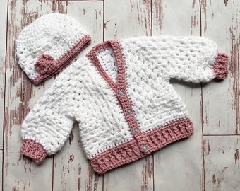 Baby Sweater & Hat - Crochet ( White with Rose Pink Trim)