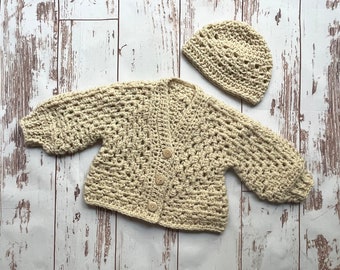 Baby Sweater & Hat - Crochet (Ivory)