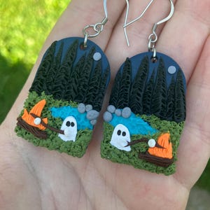 Ghost Campfire Clay Halloween Earrings | Stainless Steel | Halloween Fall Spooky Goth Witchy Boho Cottagecore Dangle Earrings |