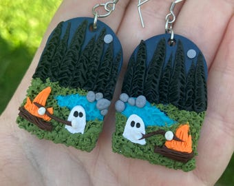 Ghost Campfire Clay Halloween Earrings | Stainless Steel | Halloween Fall Spooky Goth Witchy Boho Cottagecore Dangle Earrings |