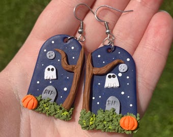 Ghost Halloween Scene Clay Earrings | Stainless Steel | Fall Halloween Spooky Boho |