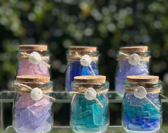 Coastal Sea Glass Bottle with Sand Dollar Decor Coastal Keepsake Jar Assorted Sea Glass Colors Options