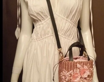 Straw Crossbody Pink Tote Evening Bag with Hand Stitched Applique Pink Lace with Rhinestones Fully Lined HandMade In the USA