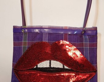 LUX Mexican Market Bag Purple with Red Lip Applique Fully Lined in Cotton Day Size Shoulder Bag 11" x 9 1/2" Handmade in USA