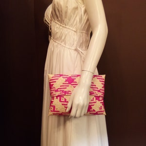 LUX Handwoven Straw Evening Bag Pink CLUTCH Fully Lined w/magnetic closure.  Made in NYC.  Daytime Wedding or Nighttime Dinner 10x7&quot;