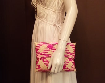 LUX Handwoven Straw Evening Bag Pink CLUTCH Fully Lined w/magnetic closure.  Made in NYC.  Daytime Wedding or Nighttime Dinner 10x7"