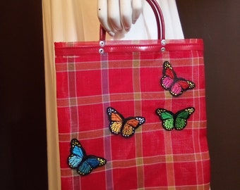 LUX Mexican Market Bag Flat Tote Red Plaid  with Butterflies Fully Lined w/ cell phone pocket Made in NYC Artisan Craft Sabucan