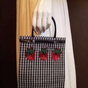 Lux Mexican Market Bag Flat Tote Bolsa De Malla Black w/ Strawberry patches.  Handstitched Fully Lined Made in NYC Artisan Craft Sabucan