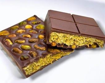 Barra de chocolate DELUXE Dubai: Knafeh crujiente con pistacho y tahini / Base de pistacho entero / Chocolate de lujo