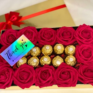 Red Rose and Ferrero Gifbox. Ferrero Rocher Artificial Roses Gift for birthday. Gift for Mom Valentines, Anniversary, Proposal gift for her.