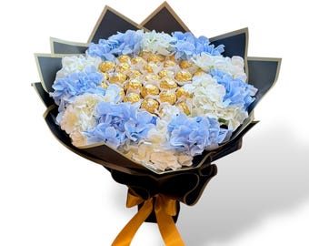 Hydrangeas and Ferrero Rocher Chocolate Bouquet – Luxury Gold & Black Floral Gift, Edible Flower Arrangement, Unique Gift for Her