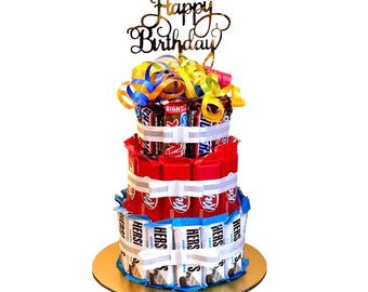 Chocolate Tower Cake, Candy tower cake. Birthday chocolate cake giftbox. Gift for Friends, Birthday cake