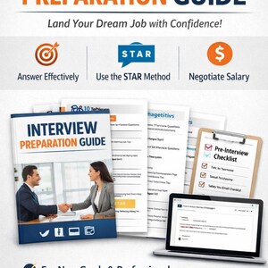 Può includere: Una guida alla preparazione ai colloqui intitolata "Interview Preparation Guide" in blu e arancione. L'immagine include un libro, documenti, una lista di controllo e un laptop. La guida promette di aiutare gli utenti a rispondere in modo efficace, a utilizzare il metodo STAR e a negoziare lo stipendio.