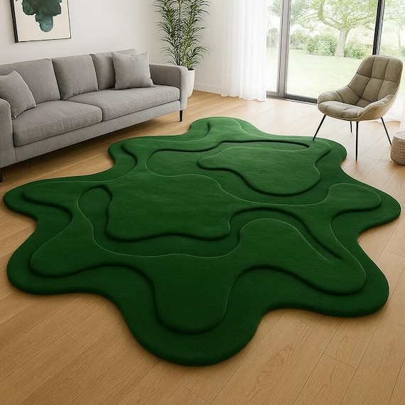 Lime Green Wool Area Rug, Irregular H...