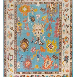 Floral Blue Oushak style Hand Knotted Rug 4x6, 5x8, 6x9, 8x10, 9x12, 10x14 ft Handmade Rugs for Living Room - Antique Contemporary rug