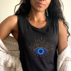 Evil Eye Shirt Mystical Shirt Zen Shirt Protection Shirt Bohemian Mati Shirt Evil Eye Tee Yoga Women&#39;s Flowy Scoop Muscle Tank