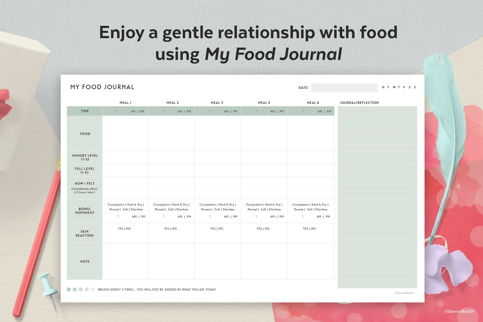 Digital Food Journal/tracker, Simple Food Sensitivity Journal, Meal Log