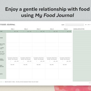 May include: A printable food journal with a green and white color scheme. The journal includes sections for time, food, hunger level, fullness level, how you felt, bowel movement, skin reaction, and notes. The text "My Food Journal" is at the top of the page.