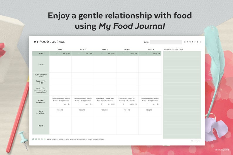 May include: A printable food journal with a green and white color scheme. The journal includes sections for time, food, hunger level, fullness level, how you felt, bowel movement, skin reaction, and notes. The text "My Food Journal" is at the top of the page.