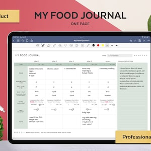 May include: A digital food journal template on a tablet screen. The template includes sections for time, food, energy levels, how you felt, notes, and a journal reflection. The date is 8/1/2023.