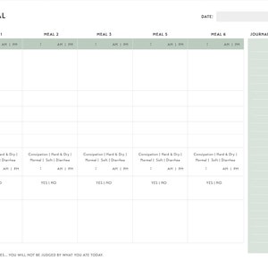 May include: A printable food journal with sections for time, food, hunger level, fullness level, how you felt, bowel movement, skin reaction, and notes. The journal also includes a section for daily reflection and a calendar for tracking meals.