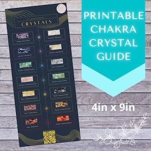 Peut inclure: Guide imprimable de cristaux de chakra avec un fond noir et des accents dorés. Le guide liste 7 chakras avec les cristaux correspondants et leurs propriétés. Le guide mesure 10,16 cm sur 22,86 cm.